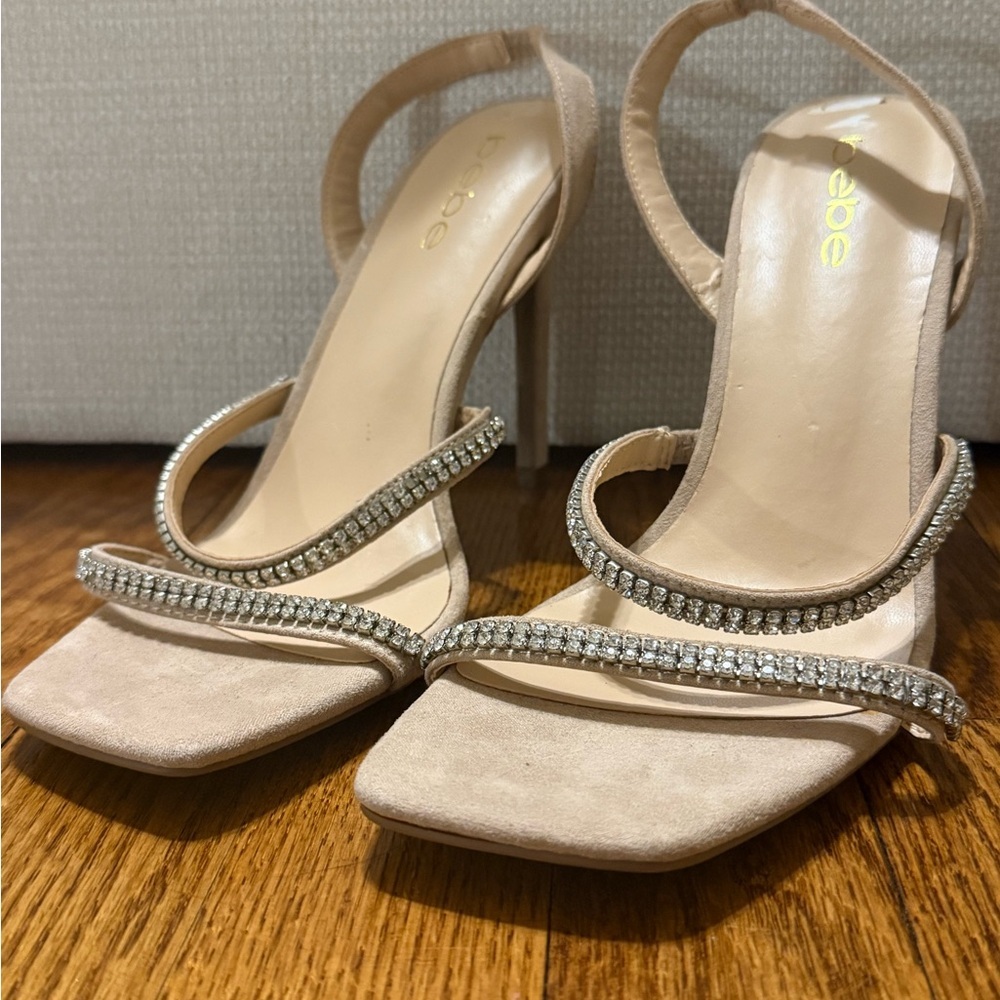 BEBE Rhinestone Slingback Heels Nude Square Toe Nude Y2K Vintage‎ Size 8.5
